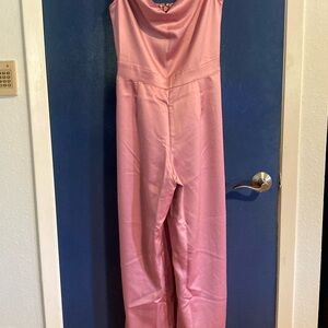 bebe Pink Satin Pantsuit with Elegant Silhouette